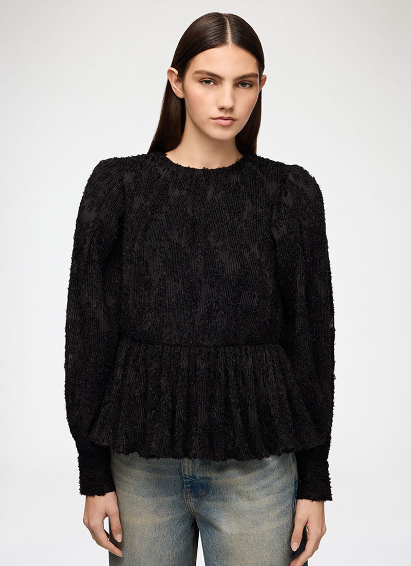 Pleated Fil Coupe Gathered Peplum Blouse