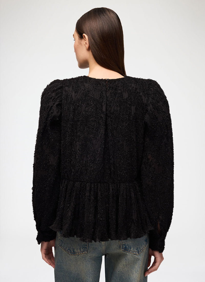 Pleated Fil Coupe Gathered Peplum Blouse