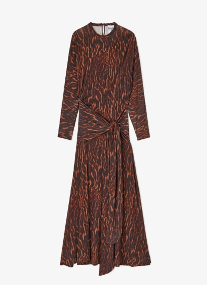 Printed Shiny Jersey Draped Long Dress