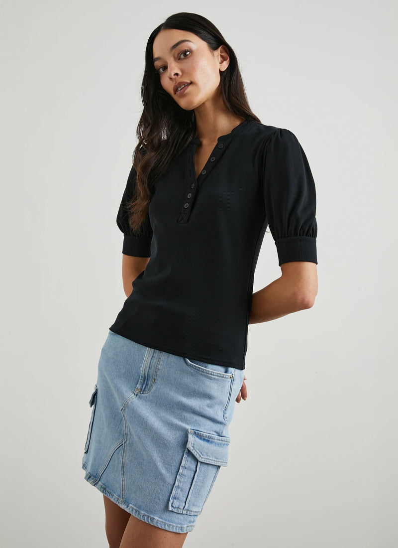 Rails Jewel Rib Puff Sleeve Henley Blouse