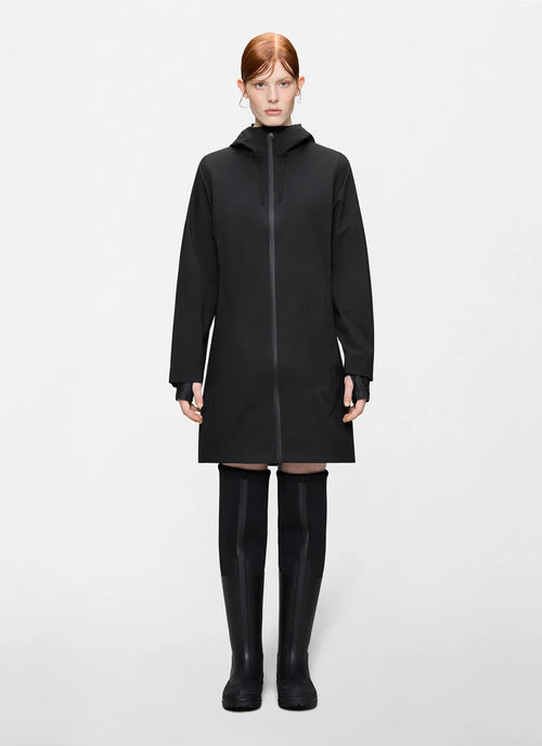 The Suva Hardshell Long Rain Jacket in black by Rains