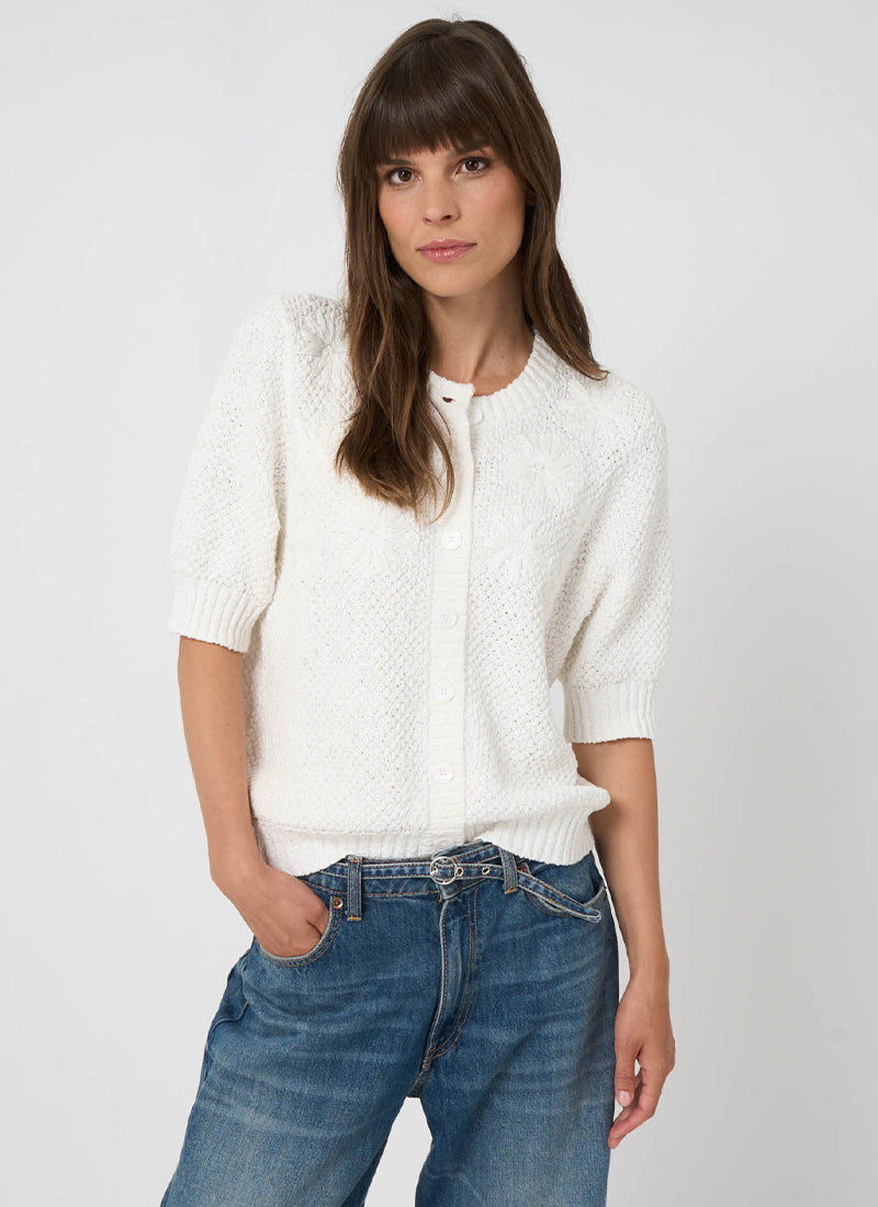 REPEAT Cashmere Floral Embroidered Textured Cotton Cardigan