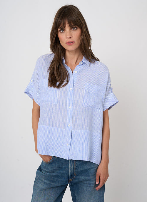 Linen Stripe Short Sleeve Blouse by REPEAT Cashmere at Andrews