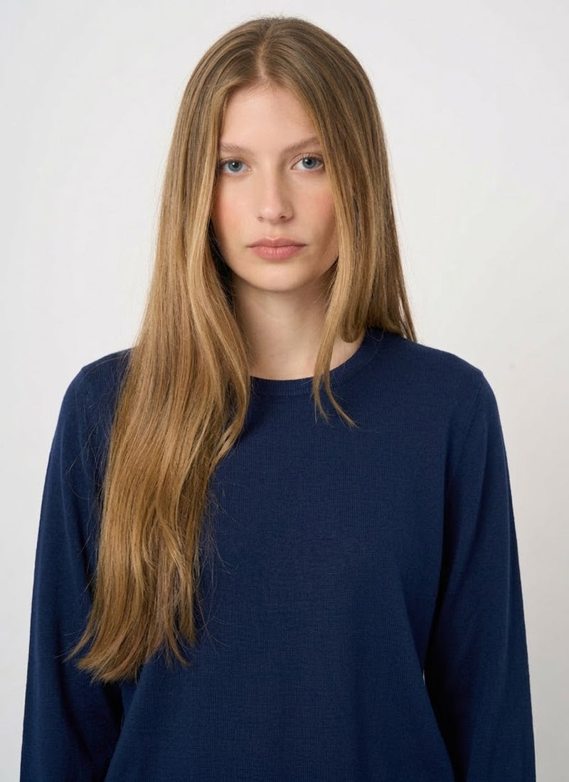 Cotton Knitted Crew Neck Sweater Navy by REPEAT Cashmere