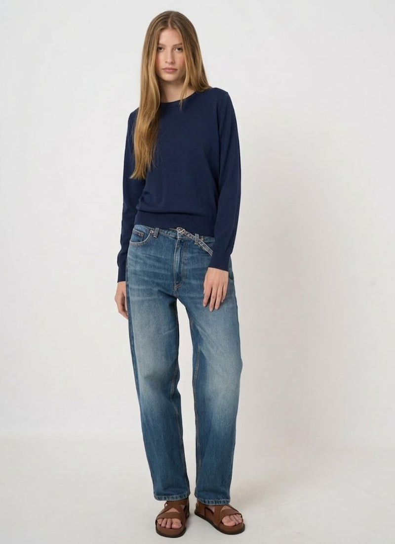 Cotton Knitted Crew Neck Sweater Navy by REPEAT Cashmere