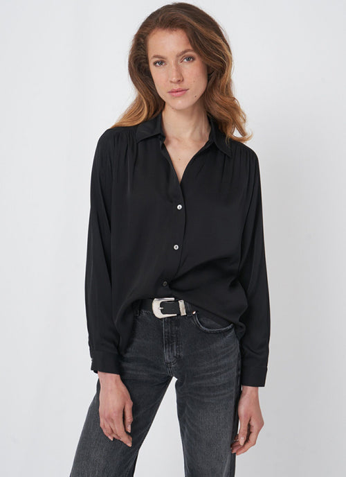 REPEAT Cashmere Long Sleeve Shirred Back Silk Blouse