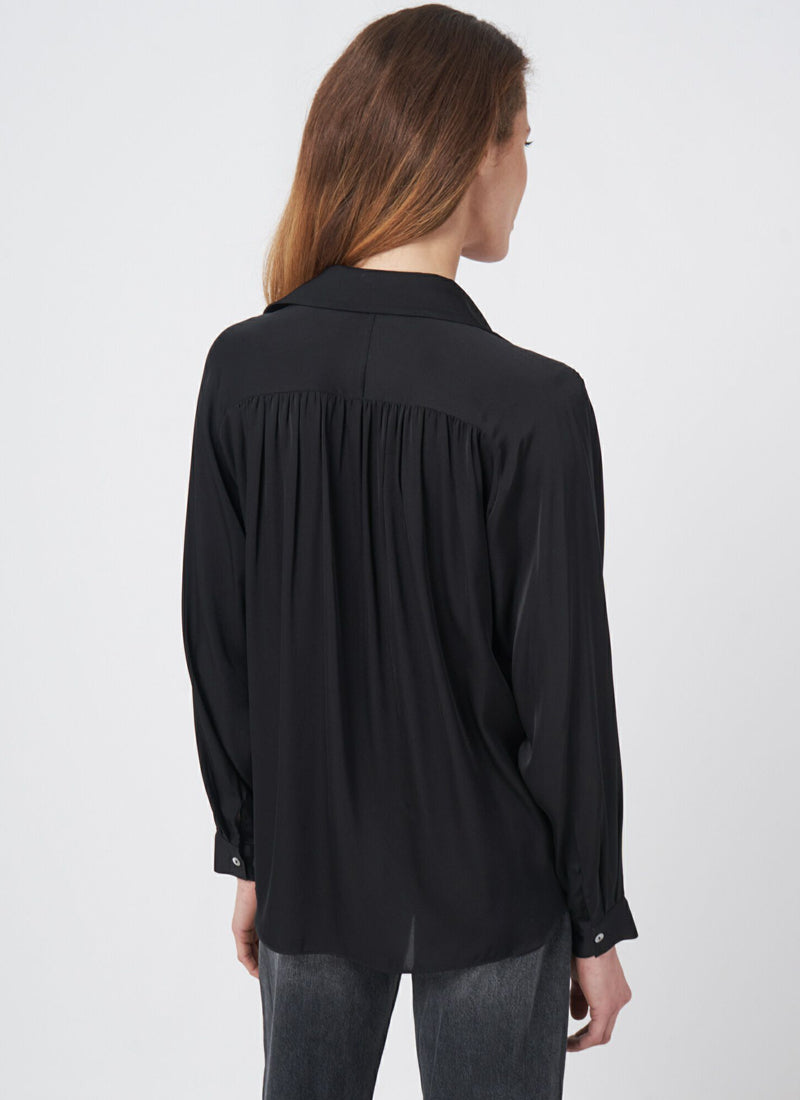 Long Sleeve Shirred Back Silk Blouse
