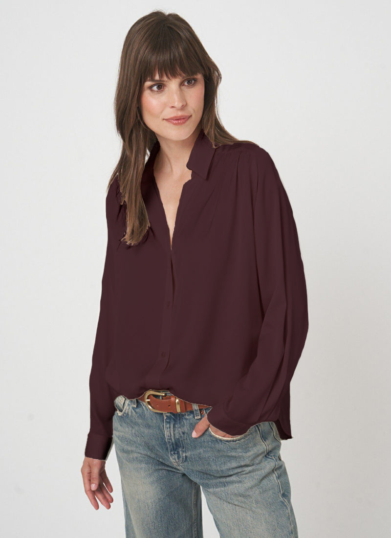 REPEAT Cashmere Long Sleeve Shirred Back Silk Blouse