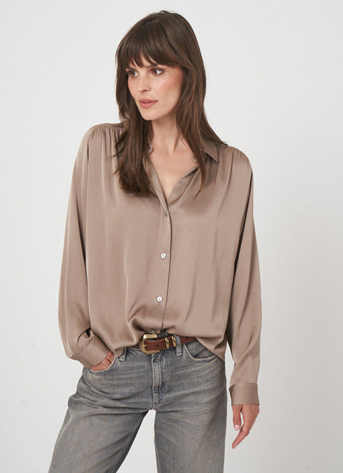 REPEAT Cashmere Long Sleeve Shirred Back Silk Blouse