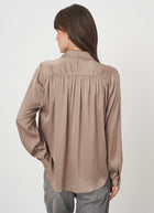 Long Sleeve Shirred Back Silk Blouse