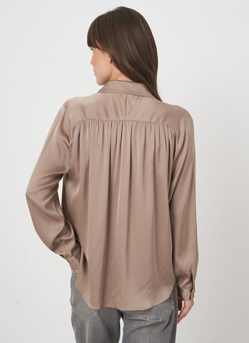 Long Sleeve Shirred Back Silk Blouse