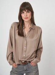 Long Sleeve Shirred Back Silk Blouse
