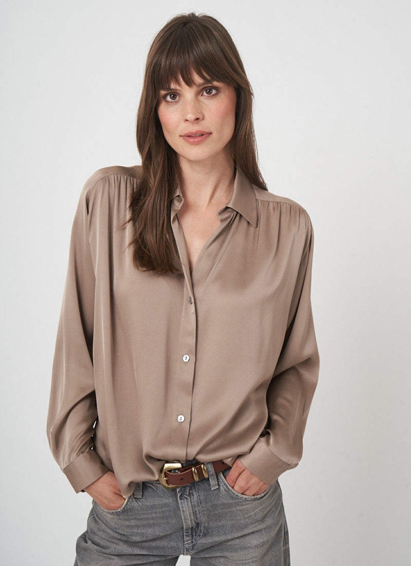 Long Sleeve Shirred Back Silk Blouse