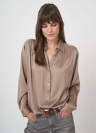 Long Sleeve Shirred Back Silk Blouse