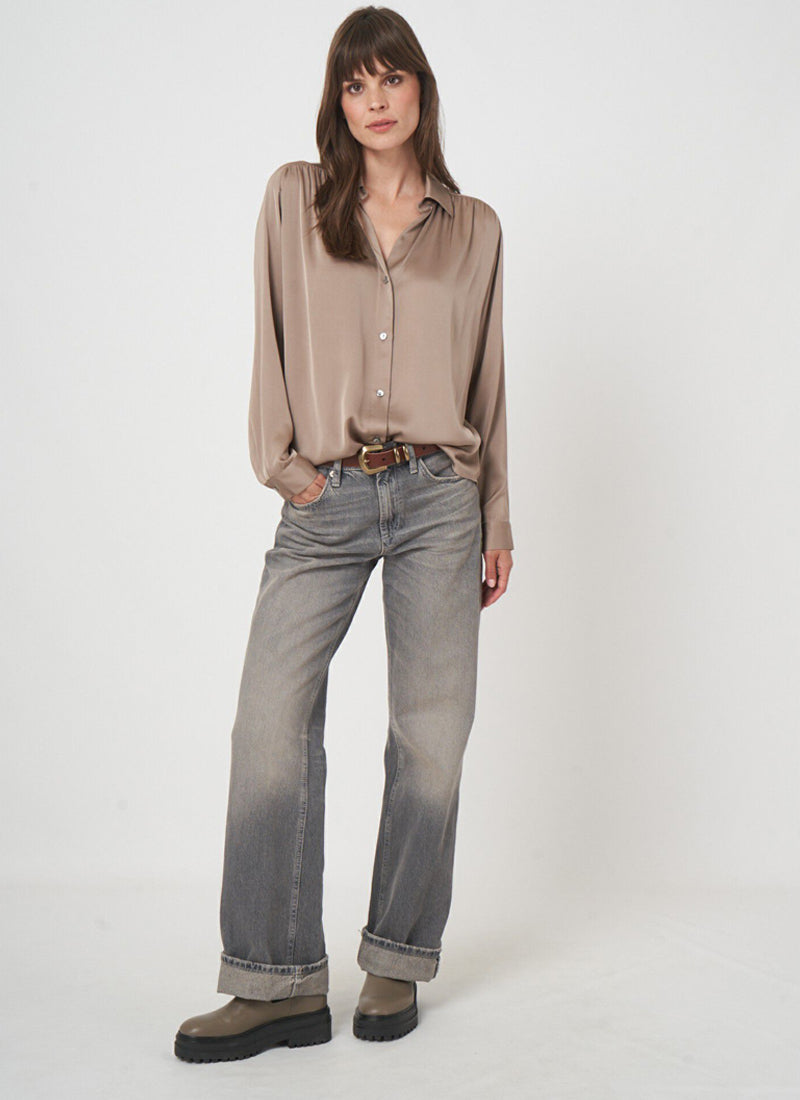 Long Sleeve Shirred Back Silk Blouse