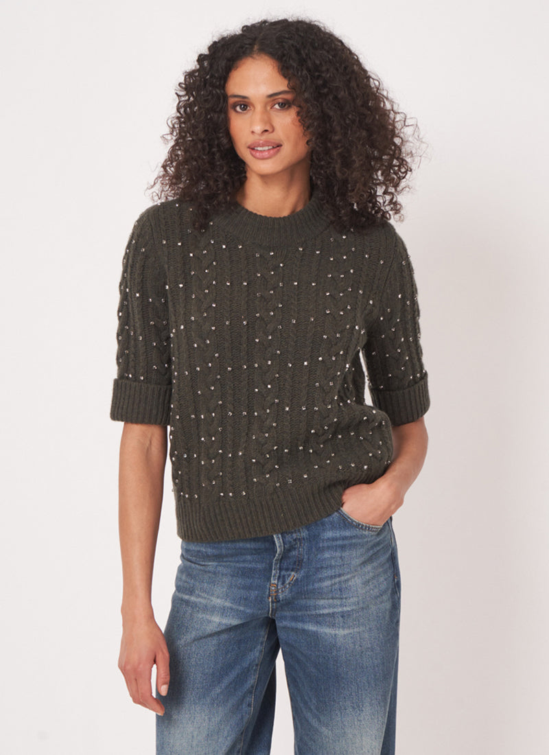 REPEAT Cashmere Extra fine Short Sleeve Crystal Embroidered Sweater