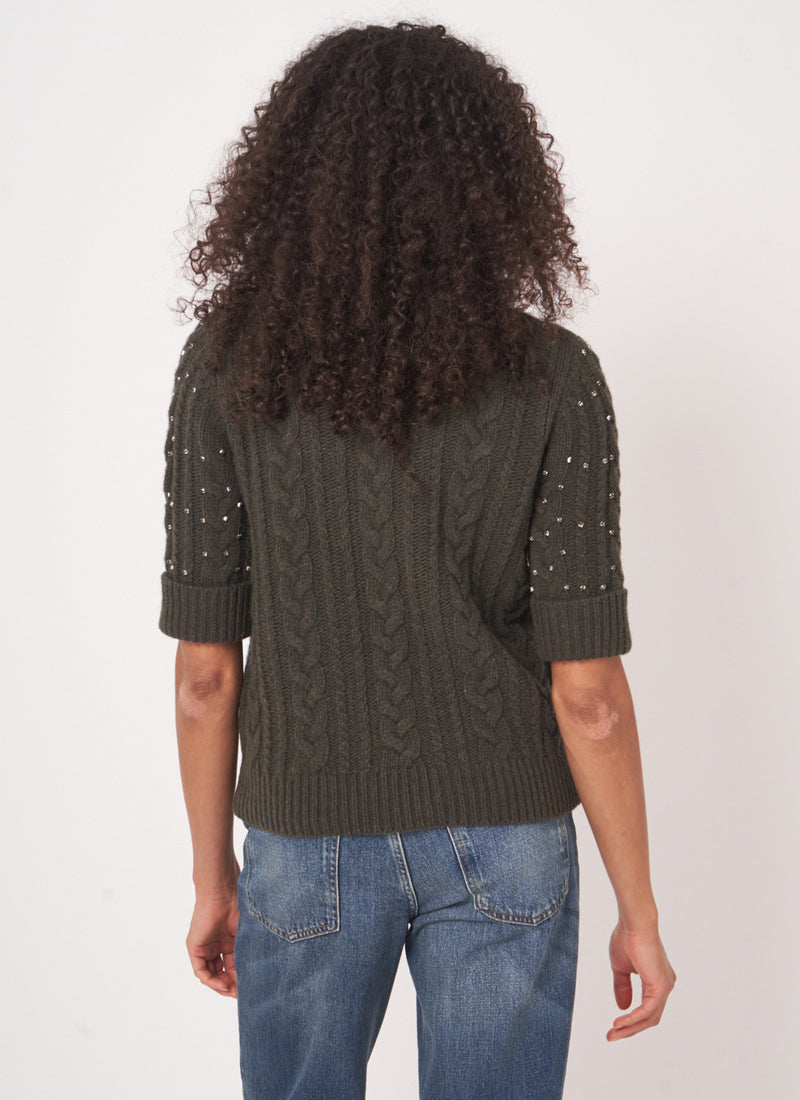 REPEAT Cashmere Extra fine Short Sleeve Crystal Embroidered Sweater