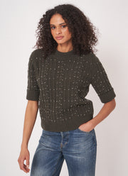REPEAT Cashmere Extra fine Short Sleeve Crystal Embroidered Sweater