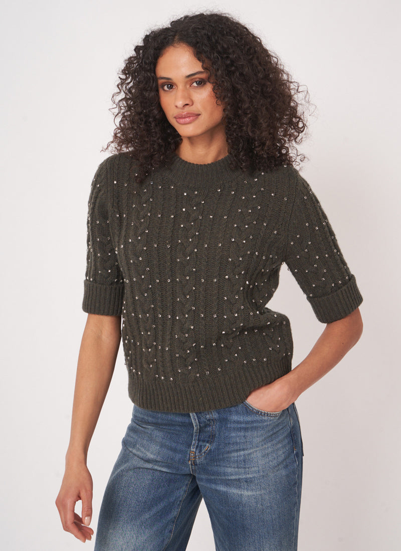 REPEAT Cashmere Extra fine Short Sleeve Crystal Embroidered Sweater