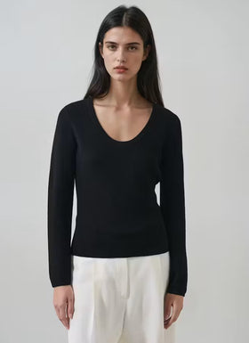 Patrick Assaraf Ribbed Extra Fine Merino Scoop Neck Top
