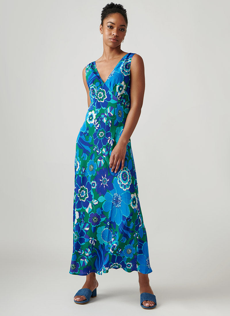 RIXO Sandine Sleeveless Blue Print Midi Dress