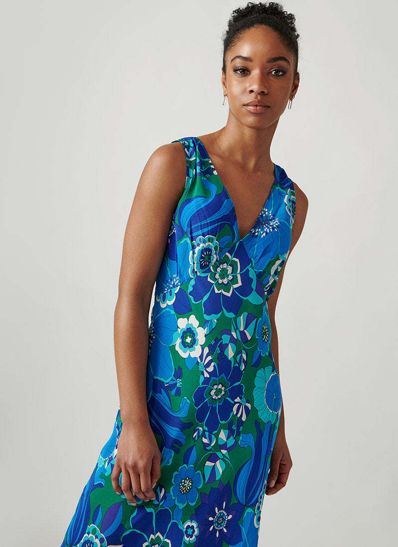 RIXO Sandine Sleeveless Blue Print Midi Dress