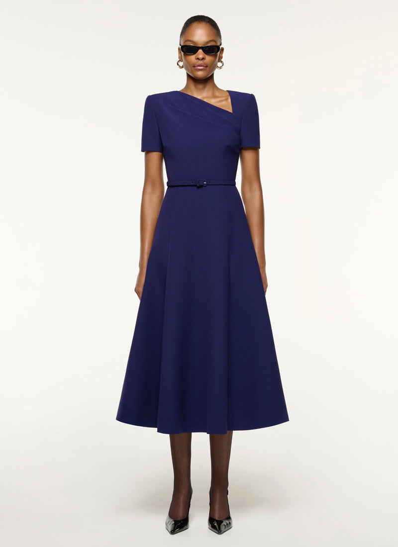 ROLAND MOURET Asymmetric Drape Crepe Midi Dress