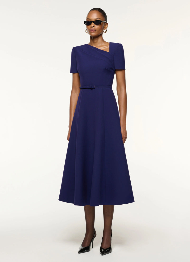 ROLAND MOURET Asymmetric Drape Crepe Midi Dress