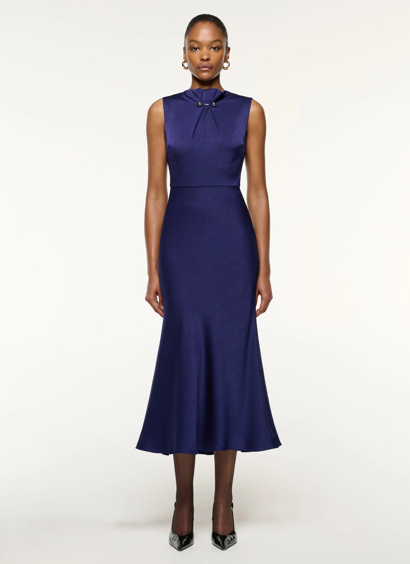 ROLAND MOURET Sphere Pin Gathered Satin Crepe Midi Dress