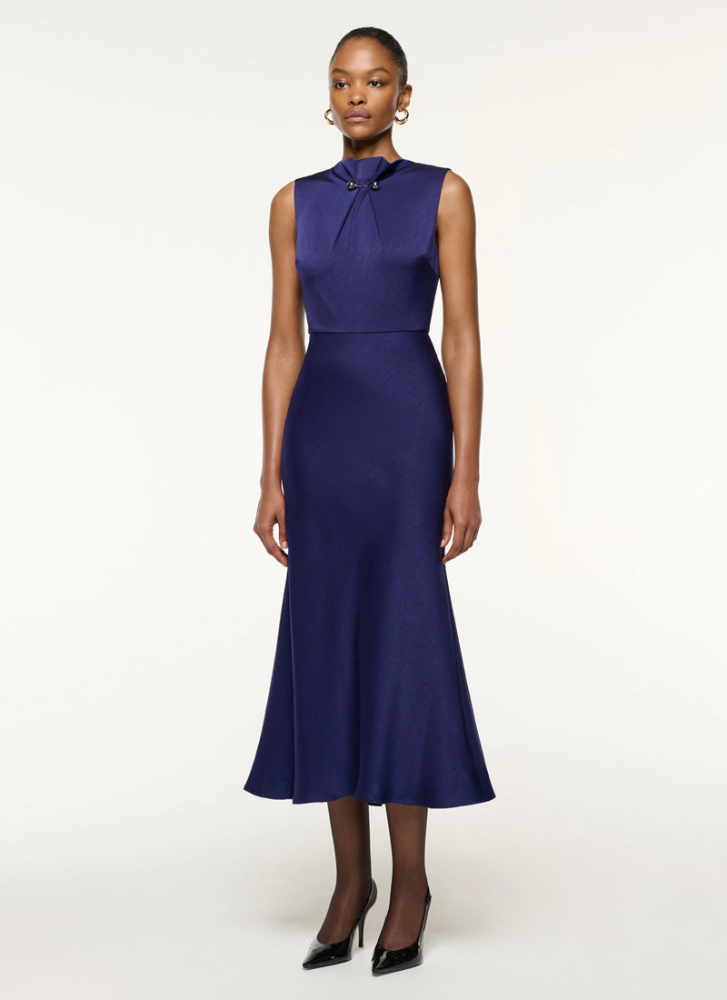 ROLAND MOURET Sphere Pin Gathered Satin Crepe Midi Dress