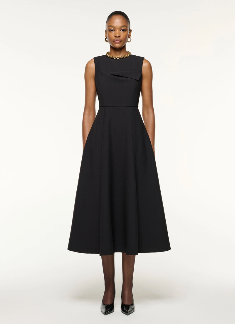 ROLAND MOURET Panel Drape Crepe Flared Midi Dress