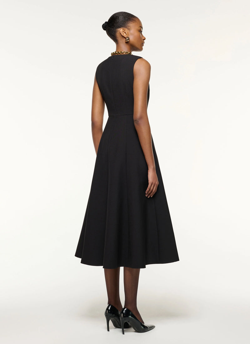 ROLAND MOURET Panel Drape Crepe Flared Midi Dress