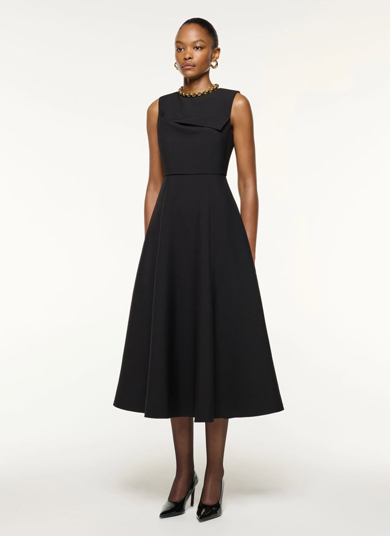 ROLAND MOURET Panel Drape Crepe Flared Midi Dress