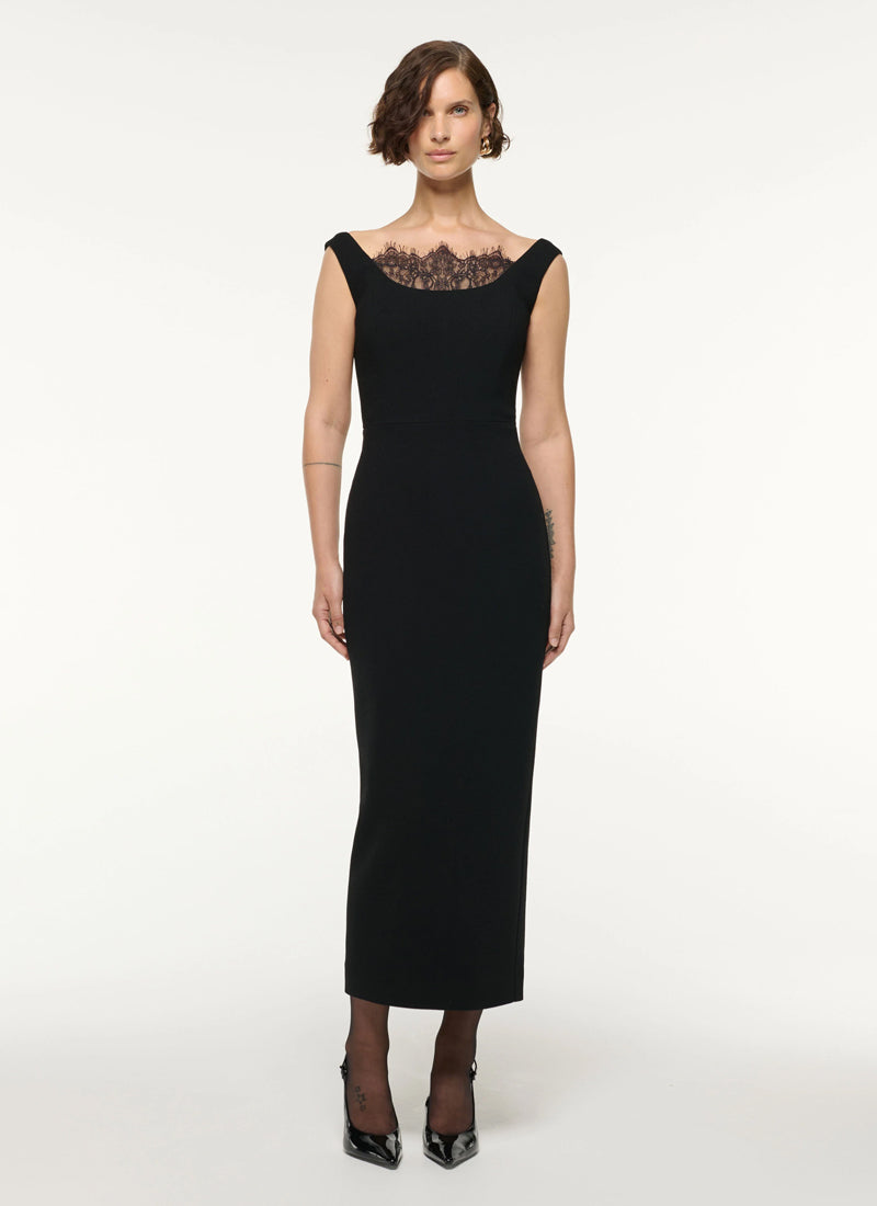 ROLAND MOURET Lace Insert Wool Crepe Midi Dress