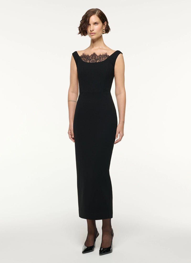 ROLAND MOURET Lace Insert Wool Crepe Midi Dress
