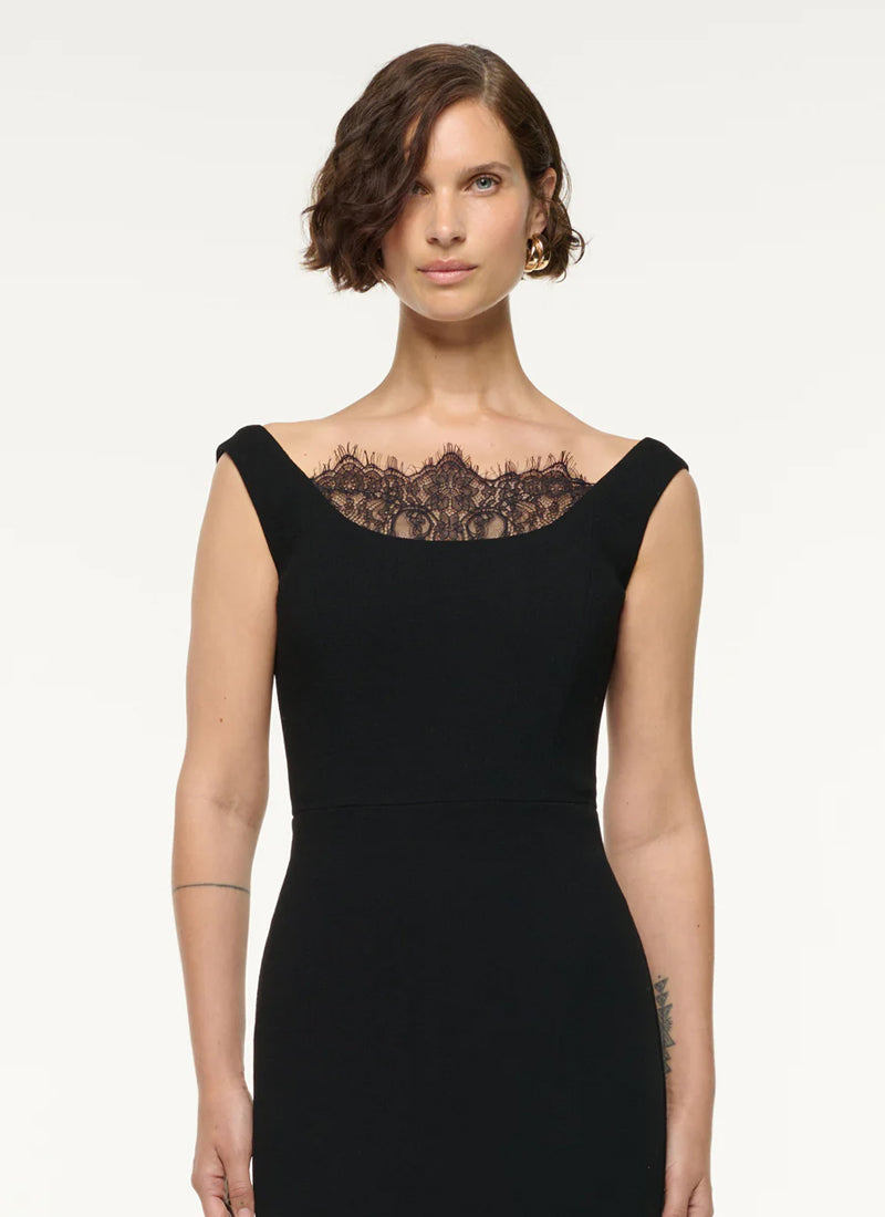 ROLAND MOURET Lace Insert Wool Crepe Midi Dress