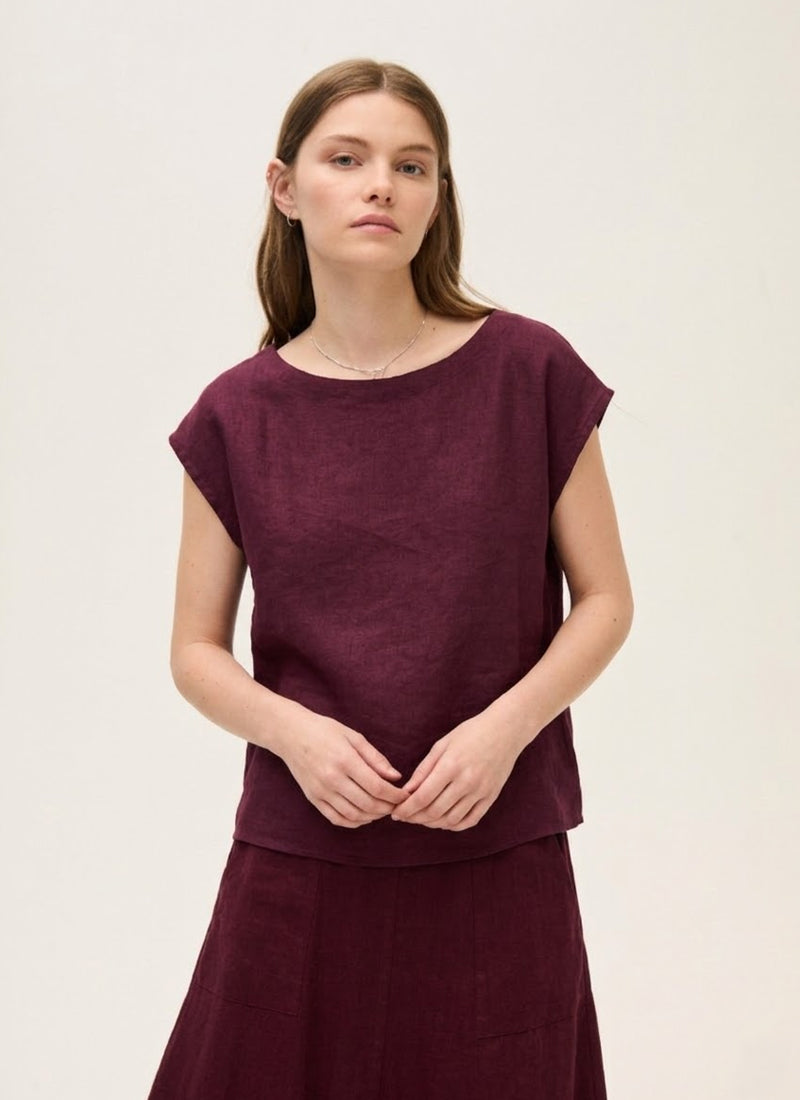 Cap Sleeve Linen Top Plum by Rosso35