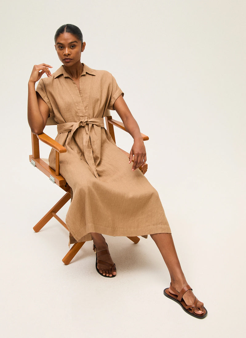 Linen Belted Midi Dress by Rosso35