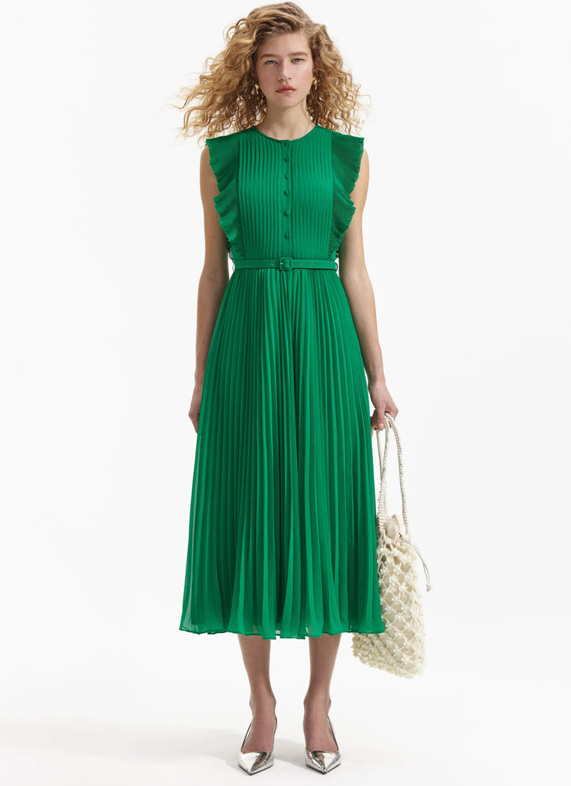 Self-Portrait Green Chiffon Sleeveless Ruffle Midi Dress