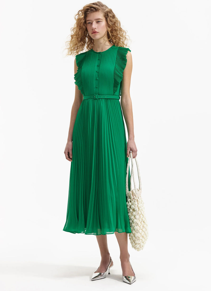 Self-Portrait Green Chiffon Sleeveless Ruffle Midi Dress