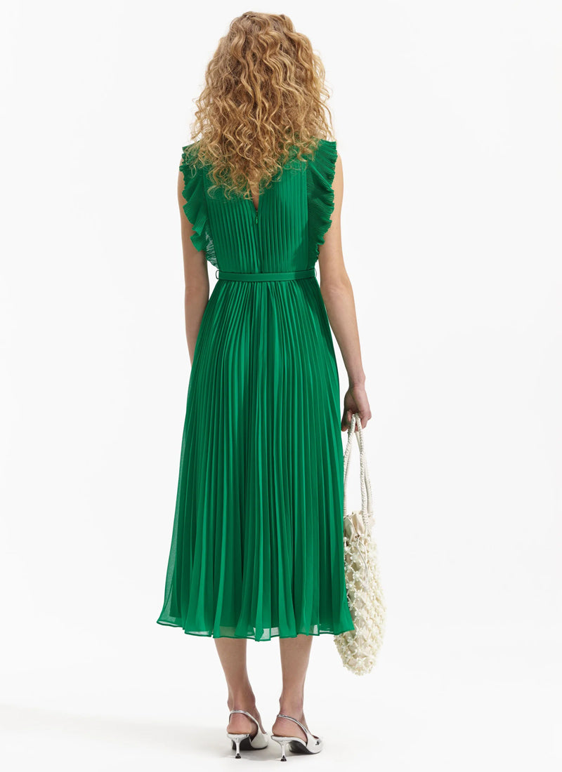 Self-Portrait Green Chiffon Sleeveless Ruffle Midi Dress