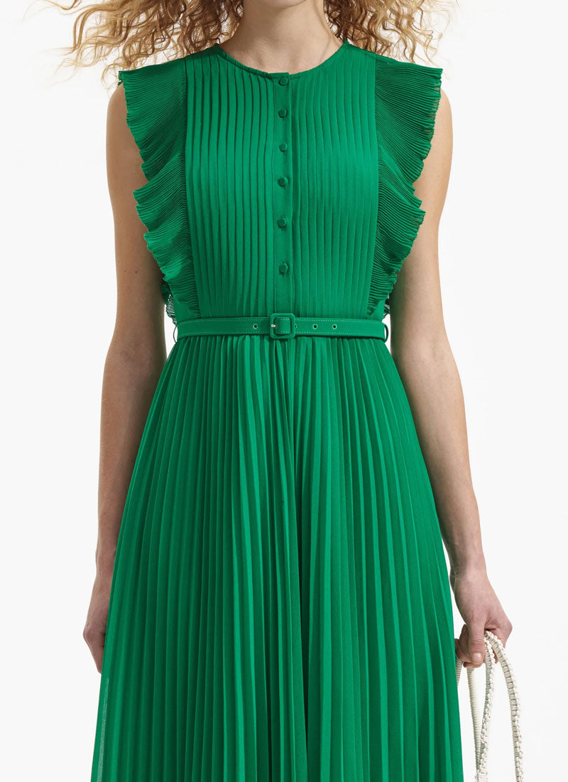 Self-Portrait Green Chiffon Sleeveless Ruffle Midi Dress