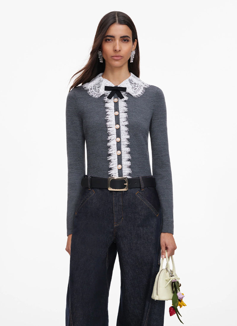 Grey Lace Collar Knit Cardigan