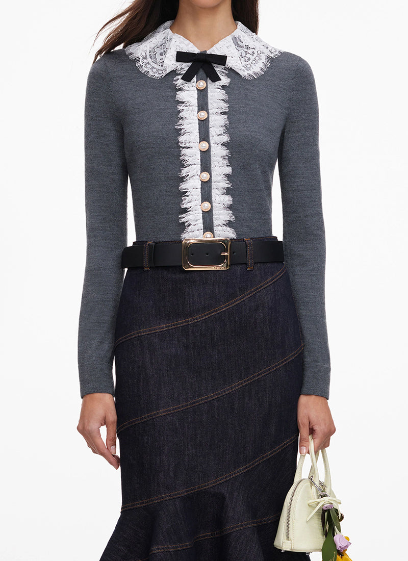 Grey Lace Collar Knit Cardigan