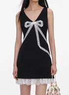 self-portrait Black Crepe Bow Lace Mini Dress