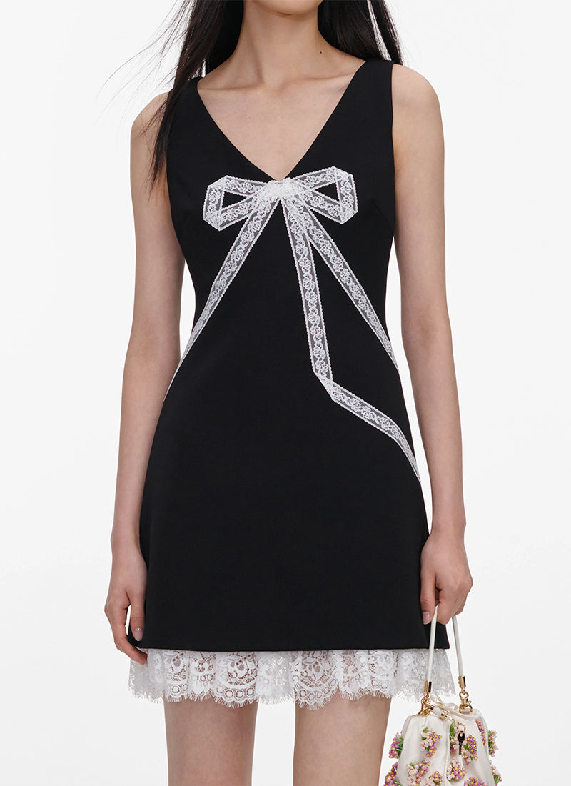Black Crepe Bow Lace Mini Dress by Self Portrait