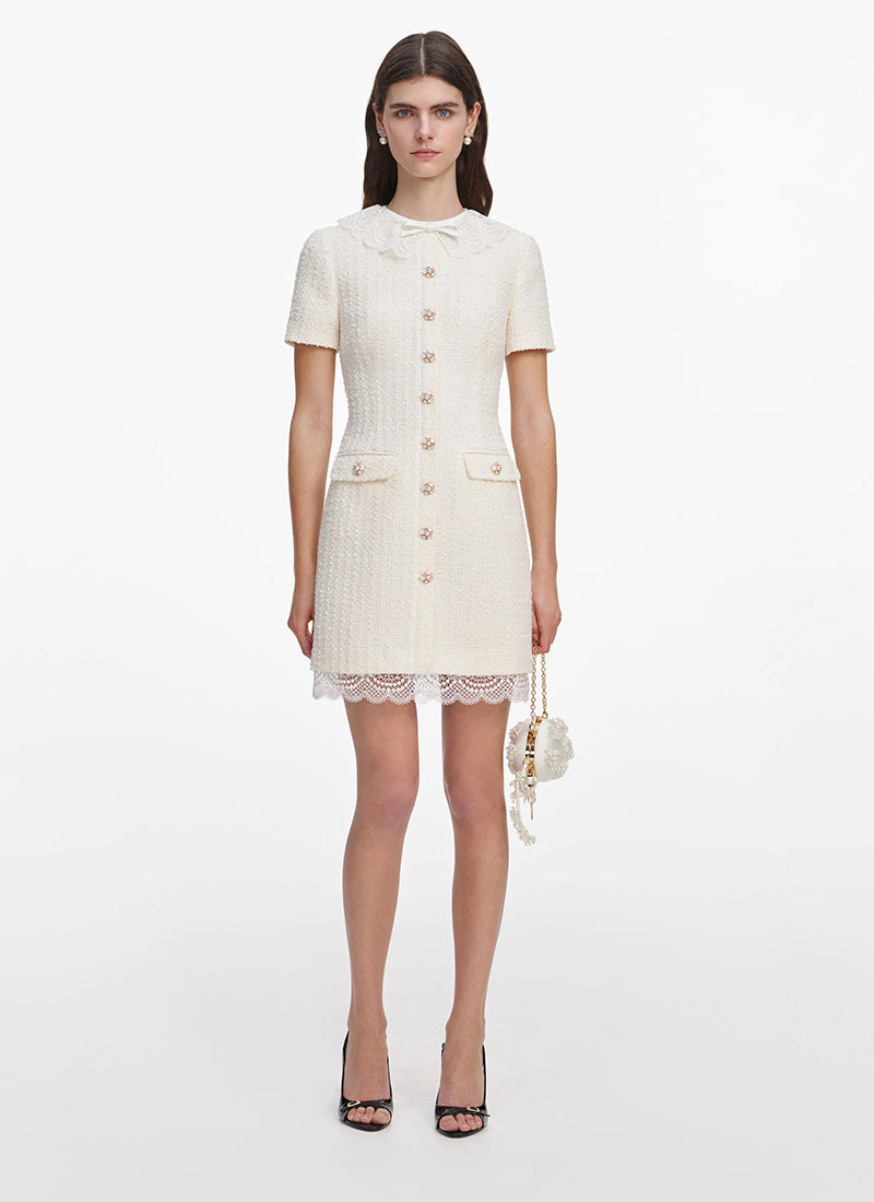 Self Portrait Cream Boucle Lace Trim Mini Dress