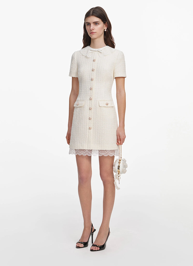 Cream Boucle Lace Trim Mini Dress by self-portrait