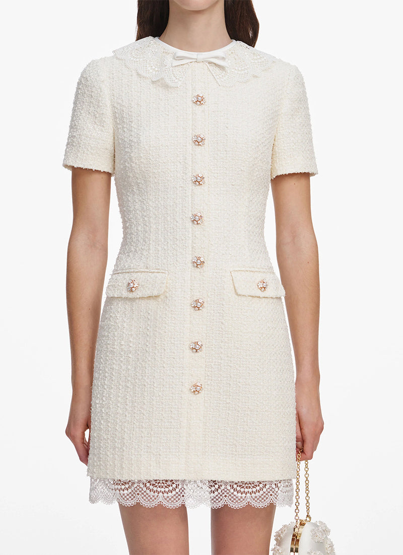 Self Portrait Cream Boucle Lace Trim Mini Dress