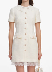 Self Portrait Cream Boucle Lace Trim Mini Dress
